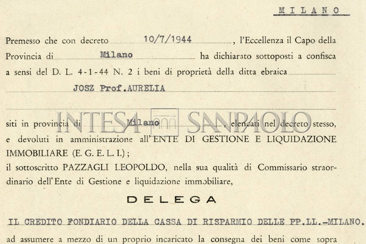 Delega di gestione dei beni di Aurelia Josz dall'EGELI al Credito fondiario della Cariplo, 1 settembre 1944